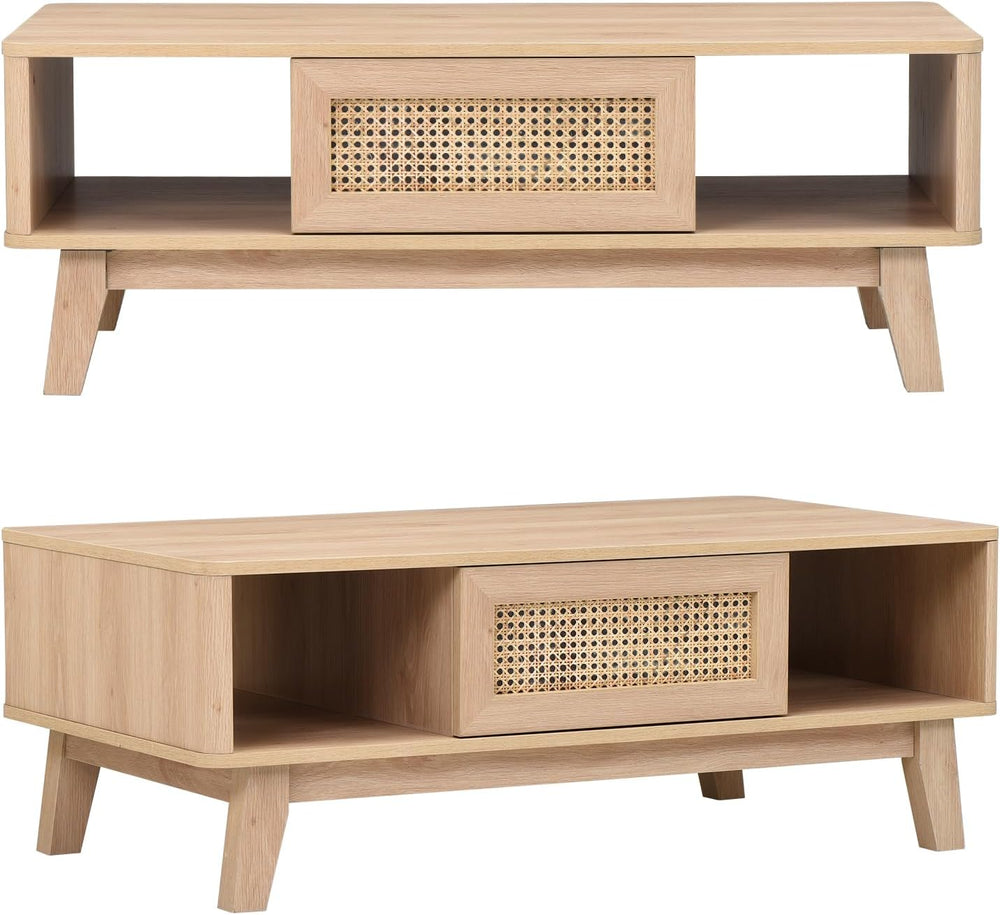 Farini Mid Century Modern Square Coffee Table with Rattan Drawer and Solid Wo...