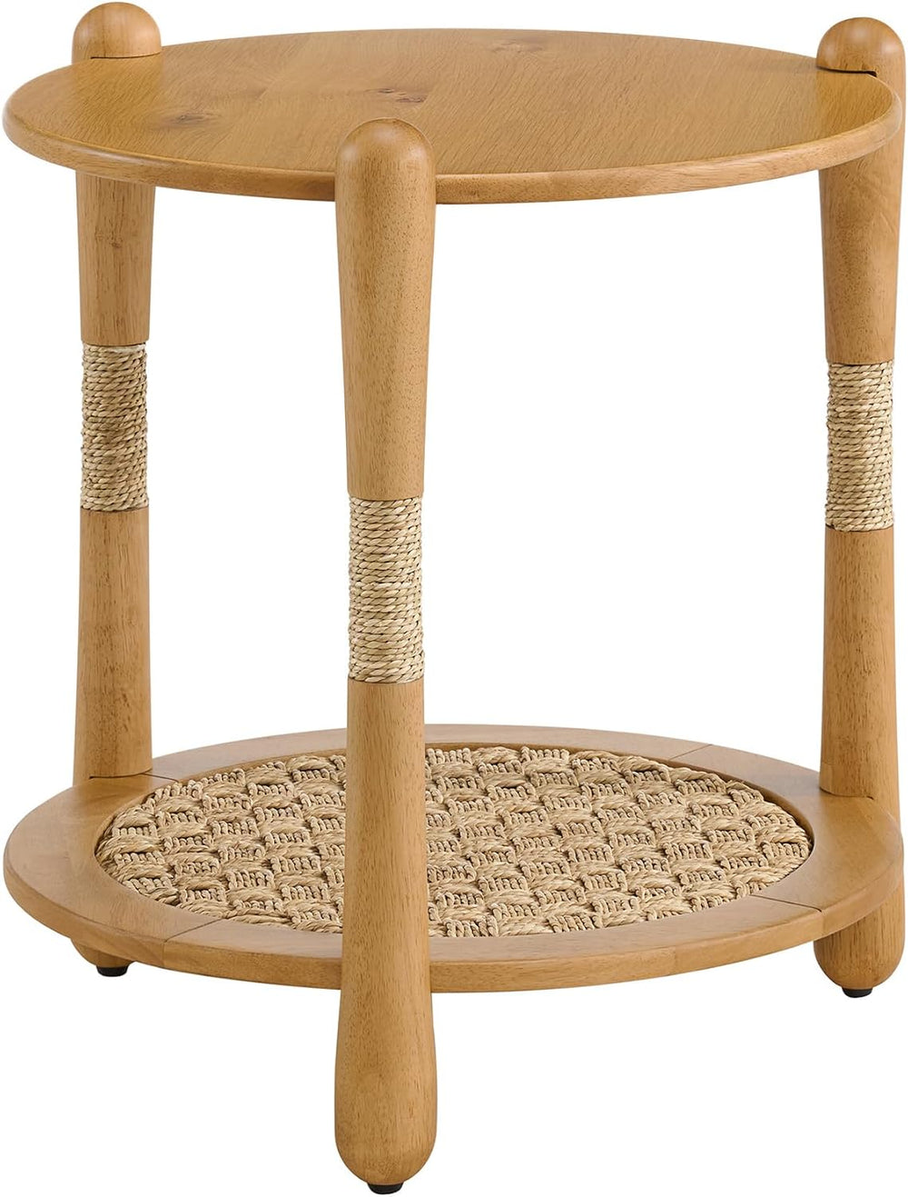 Harbor Oak 20" Round Oak Wood End Table with Seagrass Accents and Shelf ...