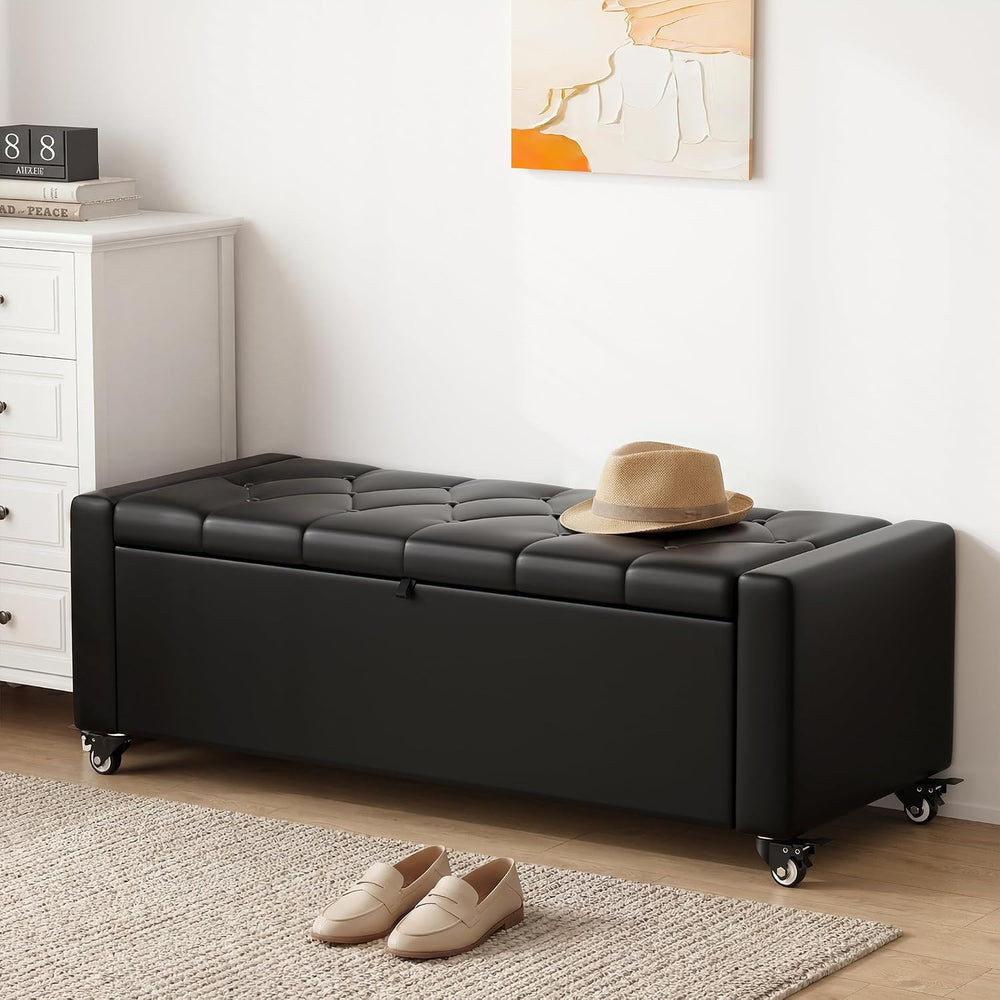 50” Ottoman Bench with Storage, Upholstered Faux Leather End of Bench for Bed...