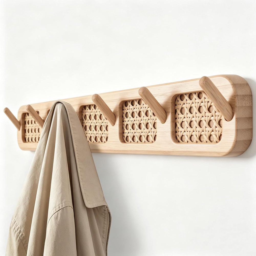 Wall Mount Coat Rack, 17in Sturdy Modern Rattan Hooks Set of 2