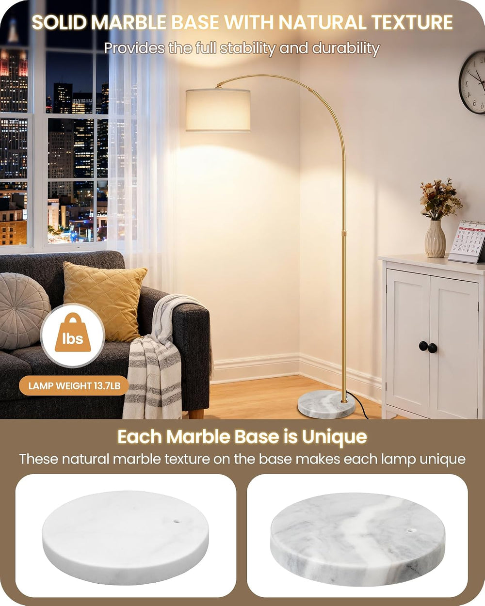 75" Dimmable Gold Arc Lamp with Marble Base, Adjustable Height, White Shade