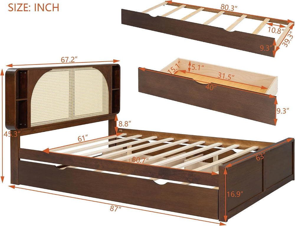 SOFTSEA Queen Size Rattan Bed with Trundle and 2 Drawers, Elegant Traditional...