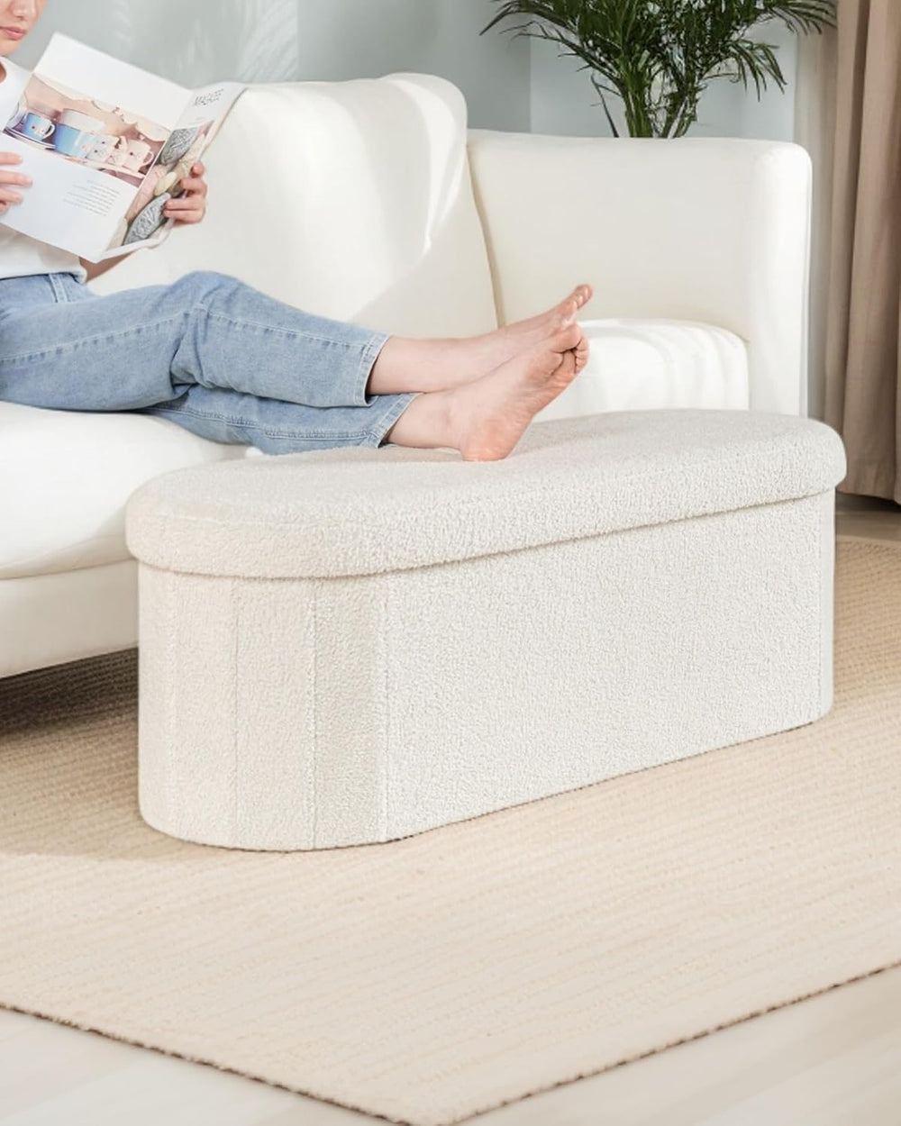 43.3 Inches Foldable Storage Ottoman Bench, Oval Footrest | Teddy Boucle Fabr...