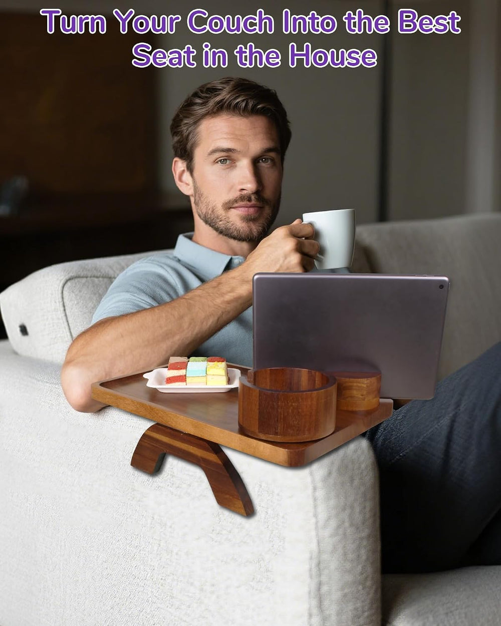 Couch Arm Tray Table with Oversized Cup Holder & Adjustable Phone Stand –...