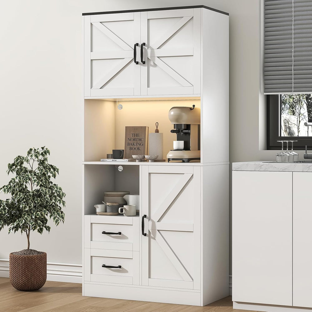 Kitchen Pantry Storage Cabinet with LED Lights and Power Strip, Tall Farmhous...
