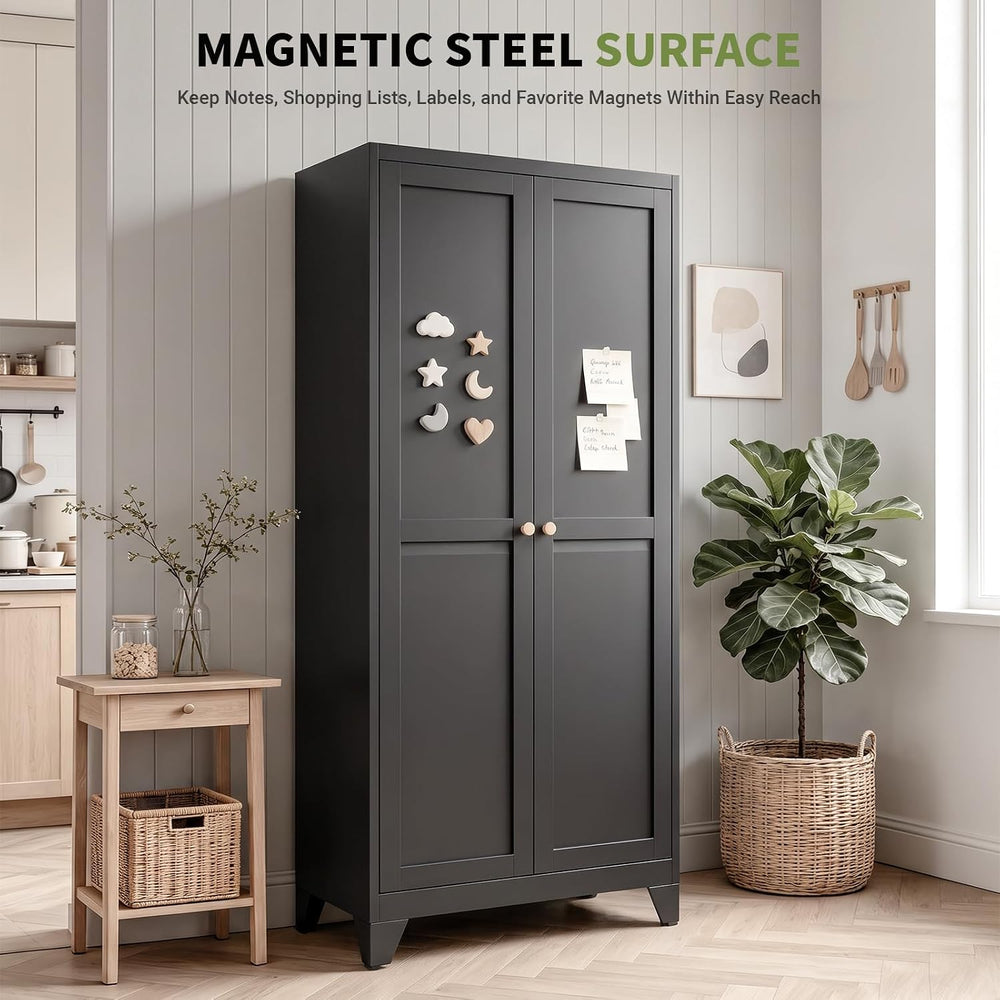 71" Metal Kitchen Pantry Cabinet with 4 Adjustable Shelves & Doors |...