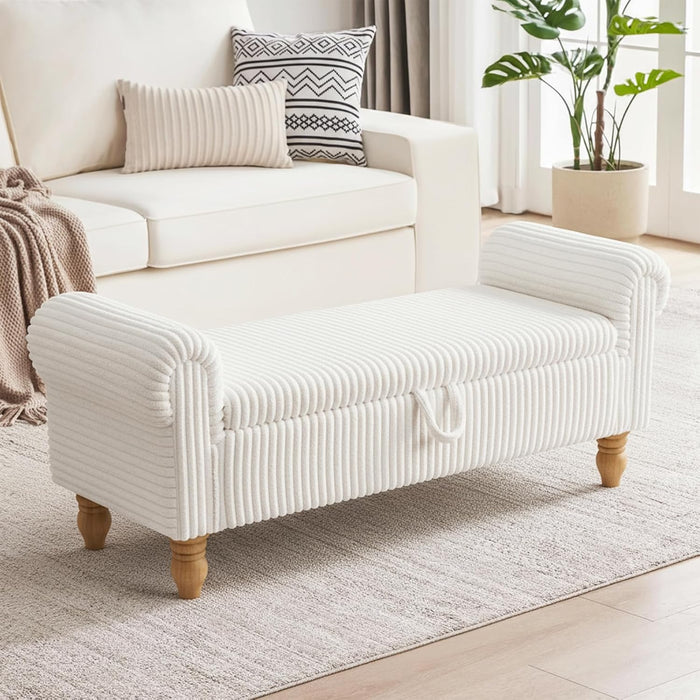 55" Storage Ottoman Bench, Corduroy End of Bed Bench for Bedroom, White | Upholstered Entryway Bench with Seating, Solid Wood Legs, Rolled Arm, for Bedroom Living Room Window Hallway, up to 285 lbs