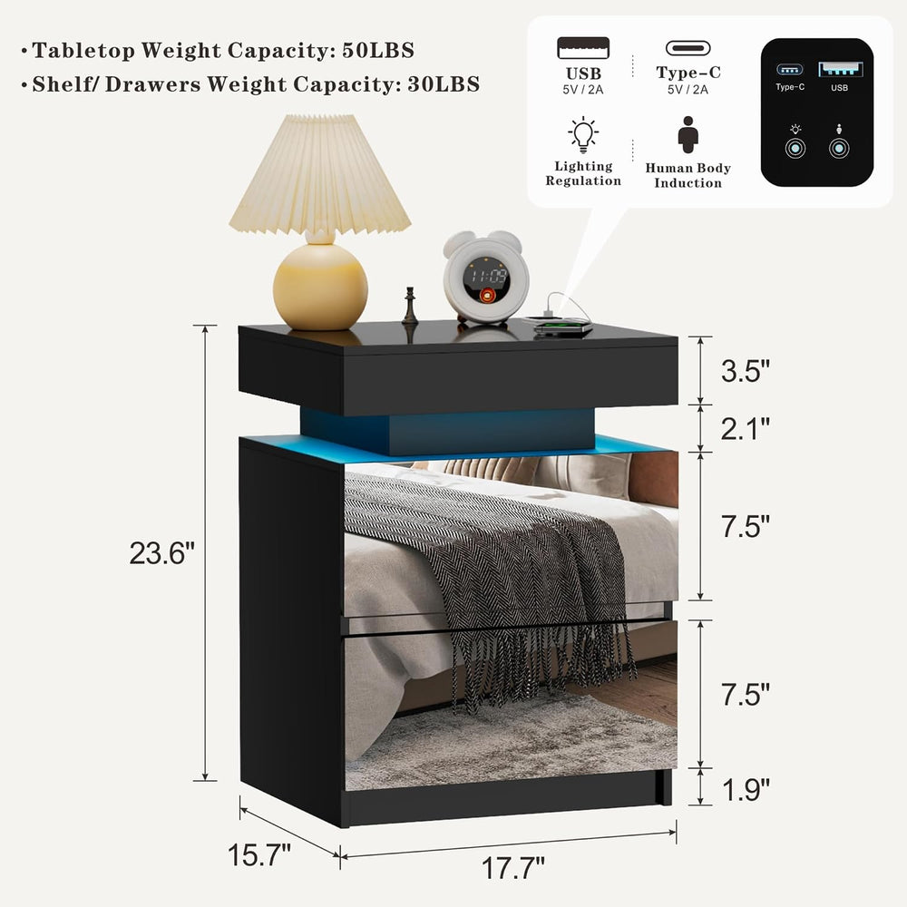 LED Nightstand - Bedside Table with Charging Station and 2 Mirrored Drawers S...