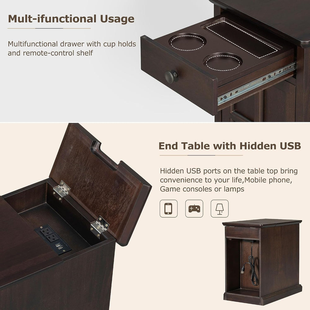 Traditional Wood End Table with Charging Station, Modern Vintage Sofa Chair S...