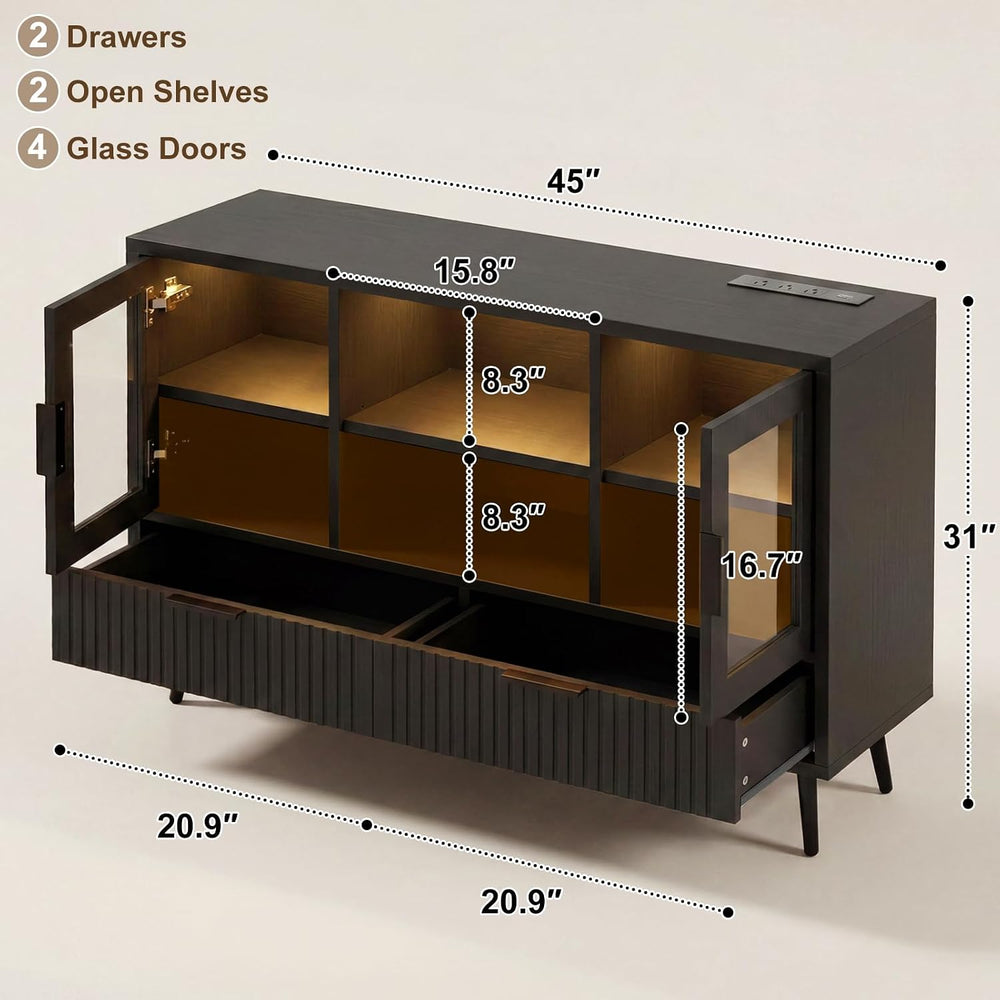 44" Sideboard Buffet Cabinet with Storage, Smart LED Lights Coffee Bar C...