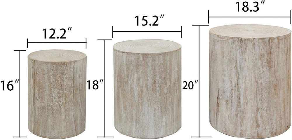 VELOVE Wood Stump Side Tables, Set of 3, White wash Finish