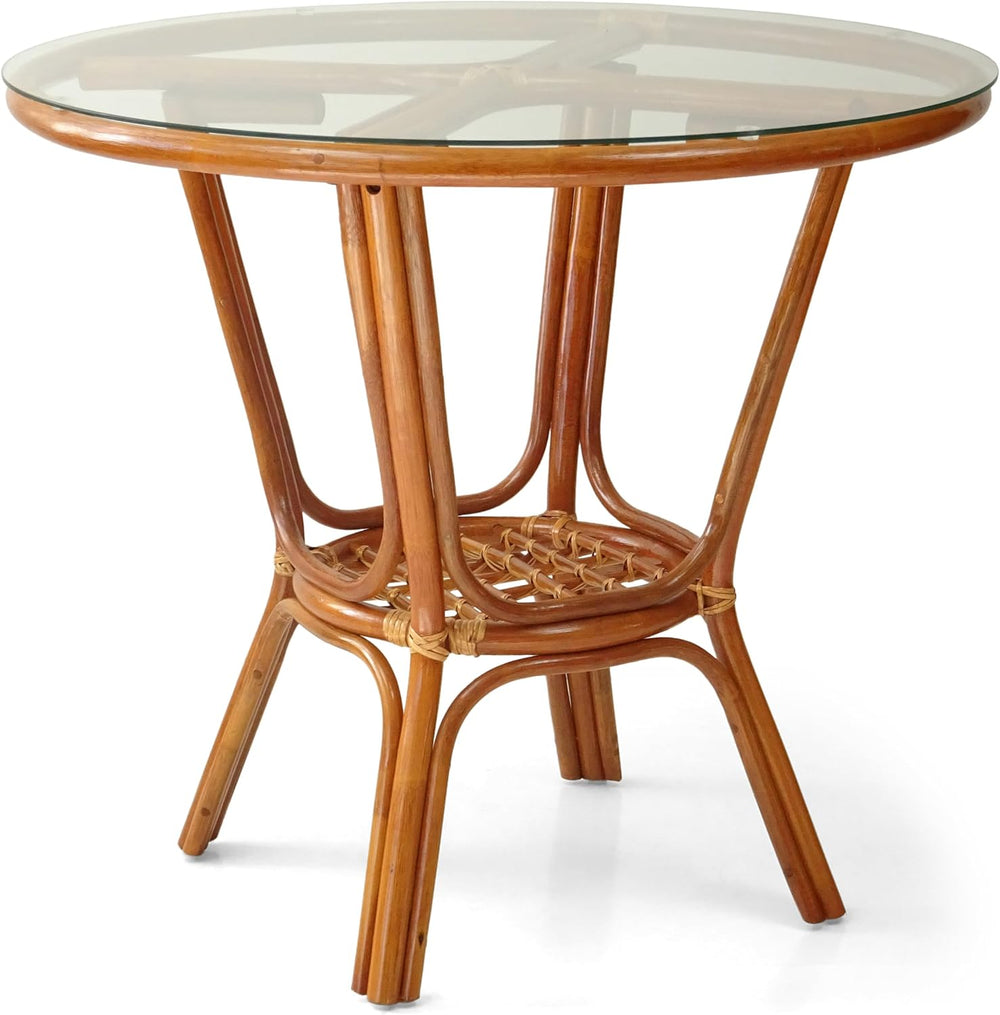 Denver Rattan Wicker Round Dining Table with Glass Top, Colonial Color