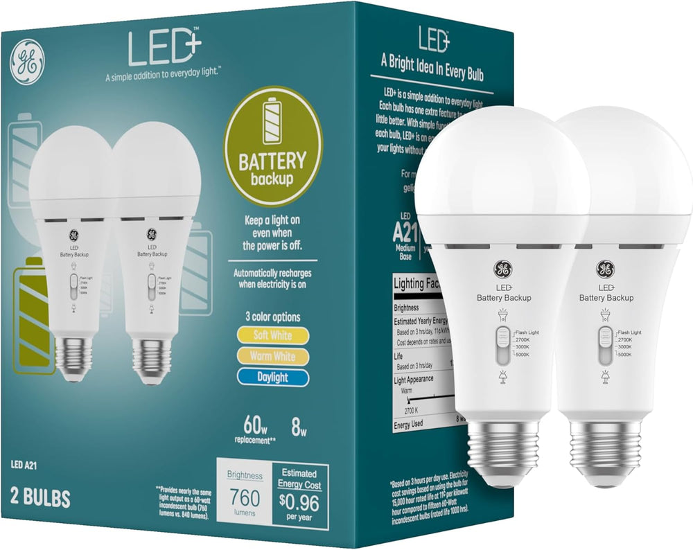 GE LED+ Backup Battery LED Light Bulbs, A21 Rechargeable Light Bulbs for Powe...