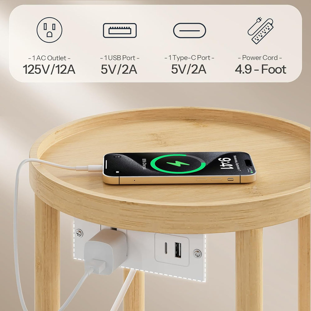 HOOBRO Small Round Side Table with Charging Station, 2-Tier Round Bamboo End ...