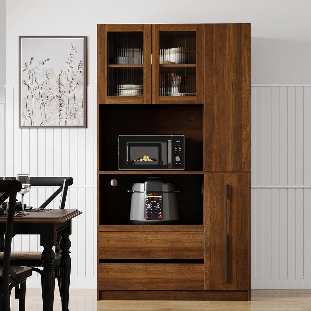 Tall Kitchen Hutch Cabinet with Pull-out Shelves, Storage Drawers, Glass Door...