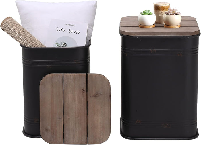 RUSTOWN Farmhouse Accent Side Table, Set of 2 Galvanized Storage Ottoman