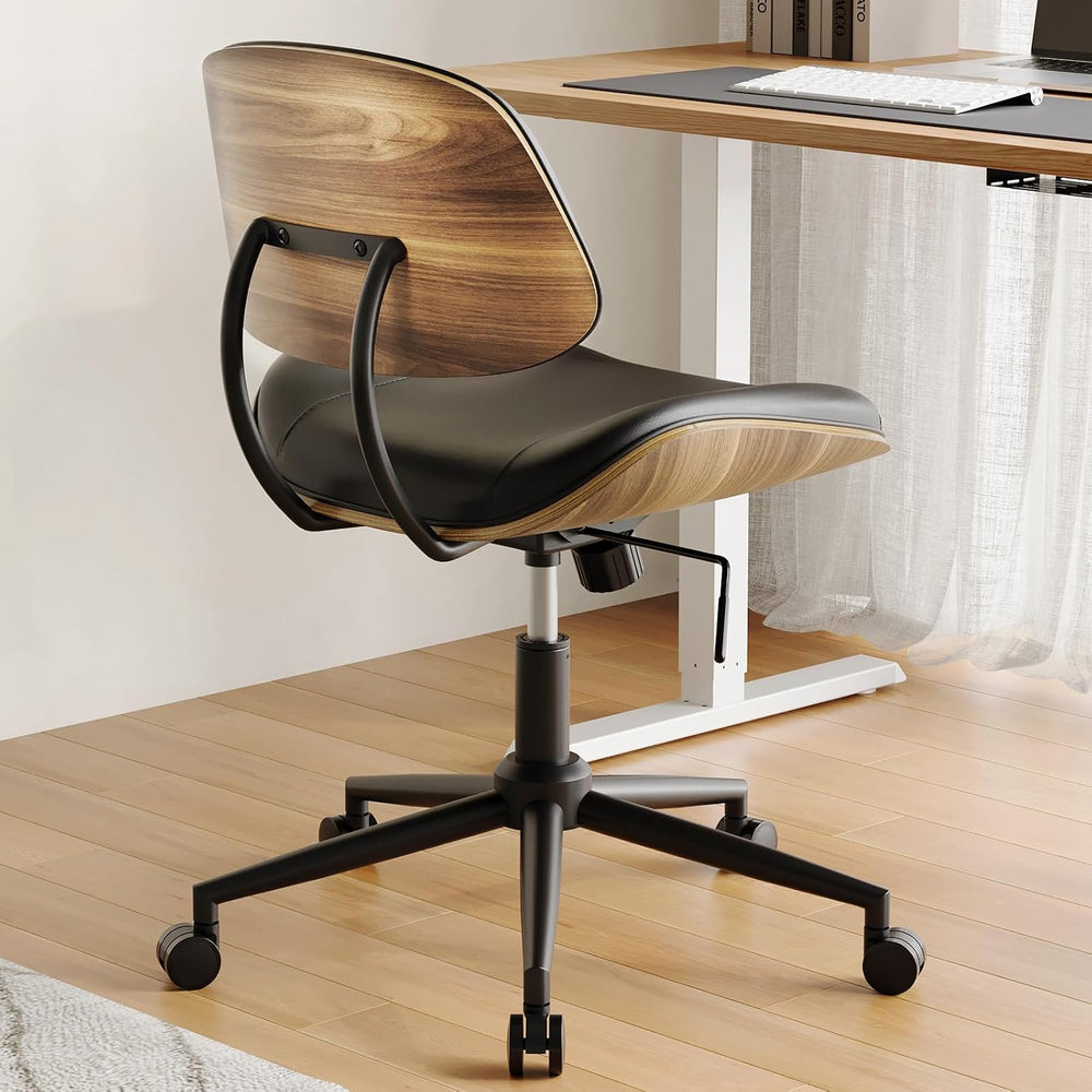 Armless Office Chair with Wheels, PU Leather Desk Chair, Black | Adjustable H...