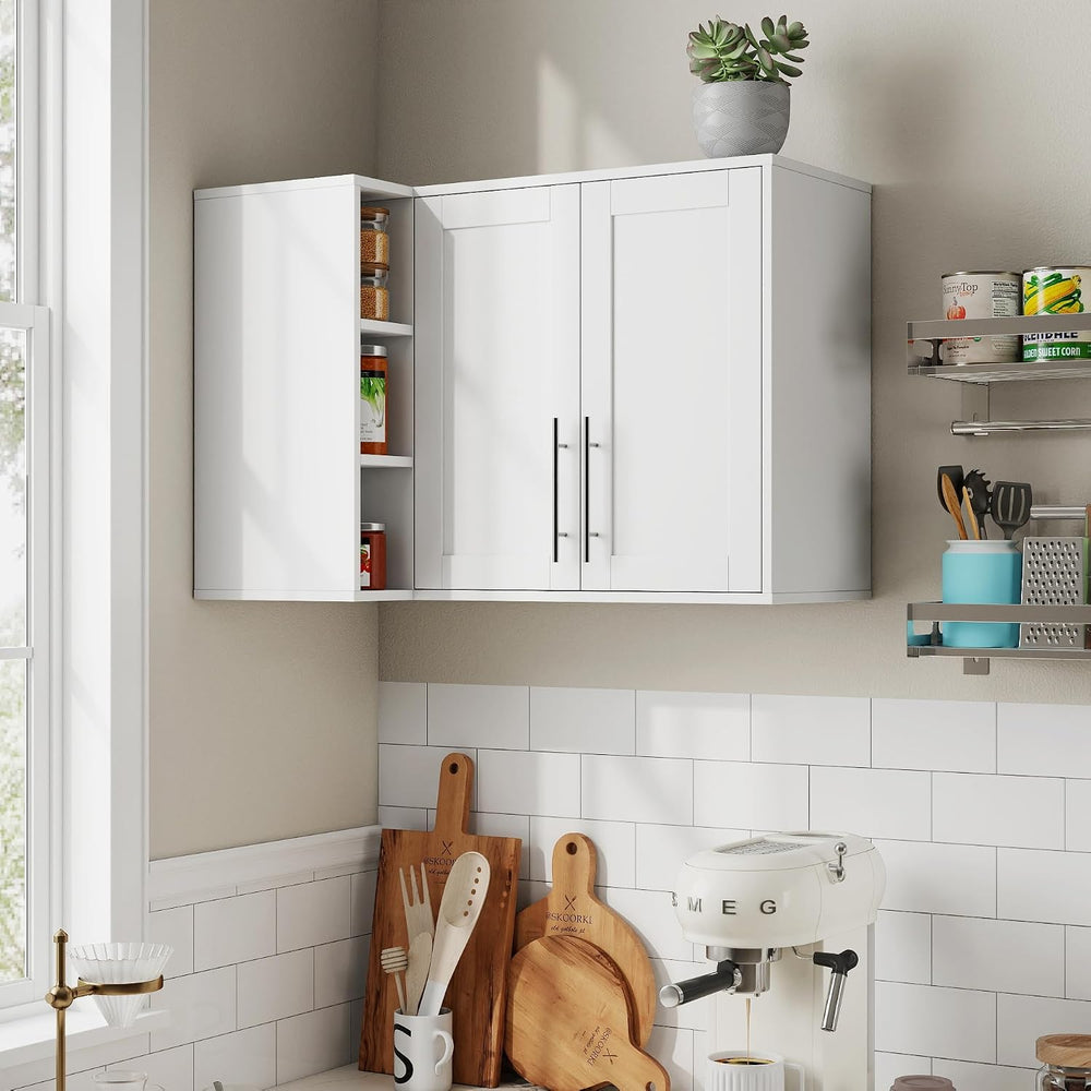 L Shape Wall Mounted Storage Cabinet, White Floating Sideboard Buffet Cabinet...