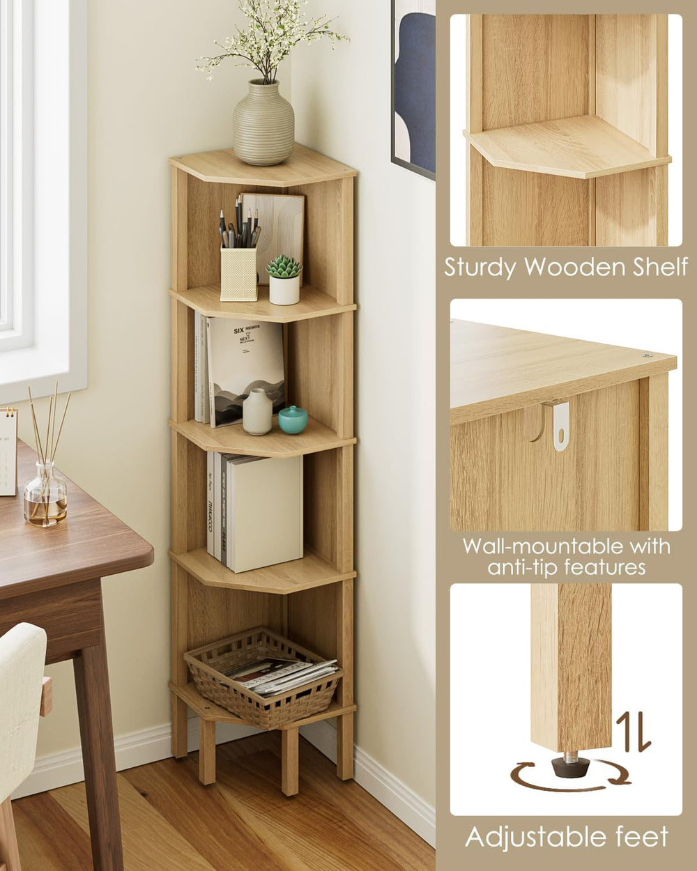 Corner Shelf, 5 Tier Corner Bookshelf, Display Corner Shelf Stand with Storag...