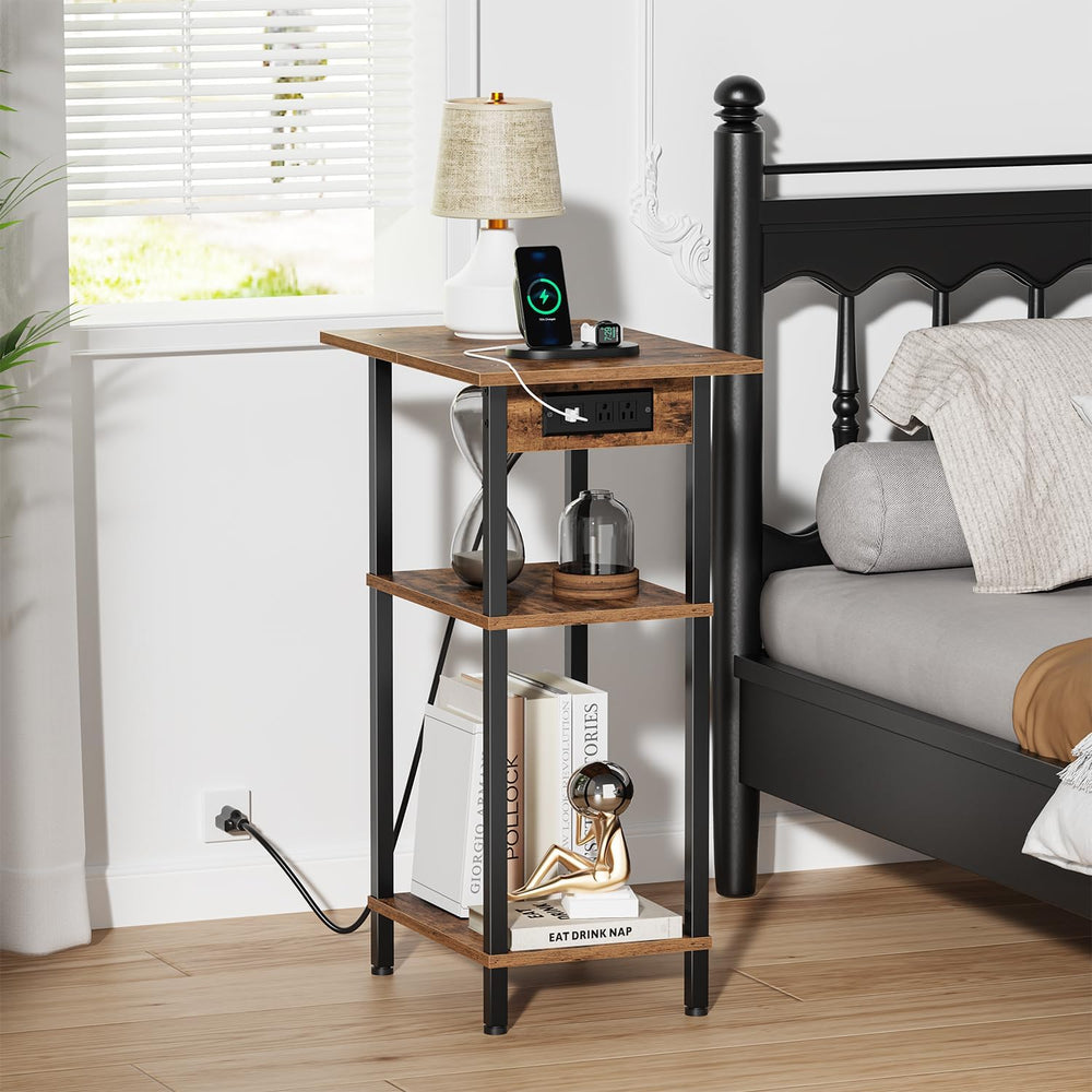 Asgolion Tall End Table with Charging Station, Skinny Nightstand with USB Por...