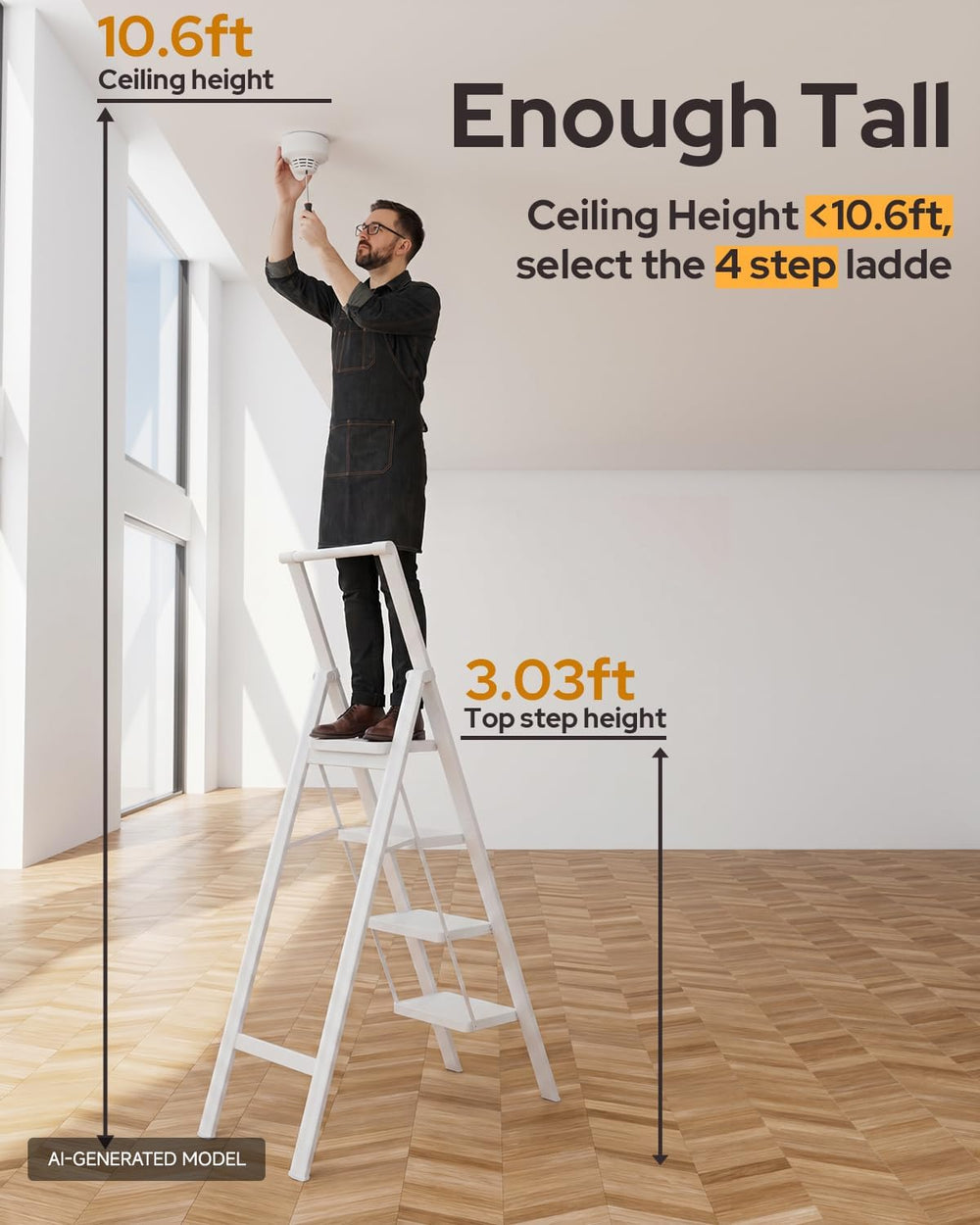 4 Step Ladder, Foldable 4 Step Stool, White