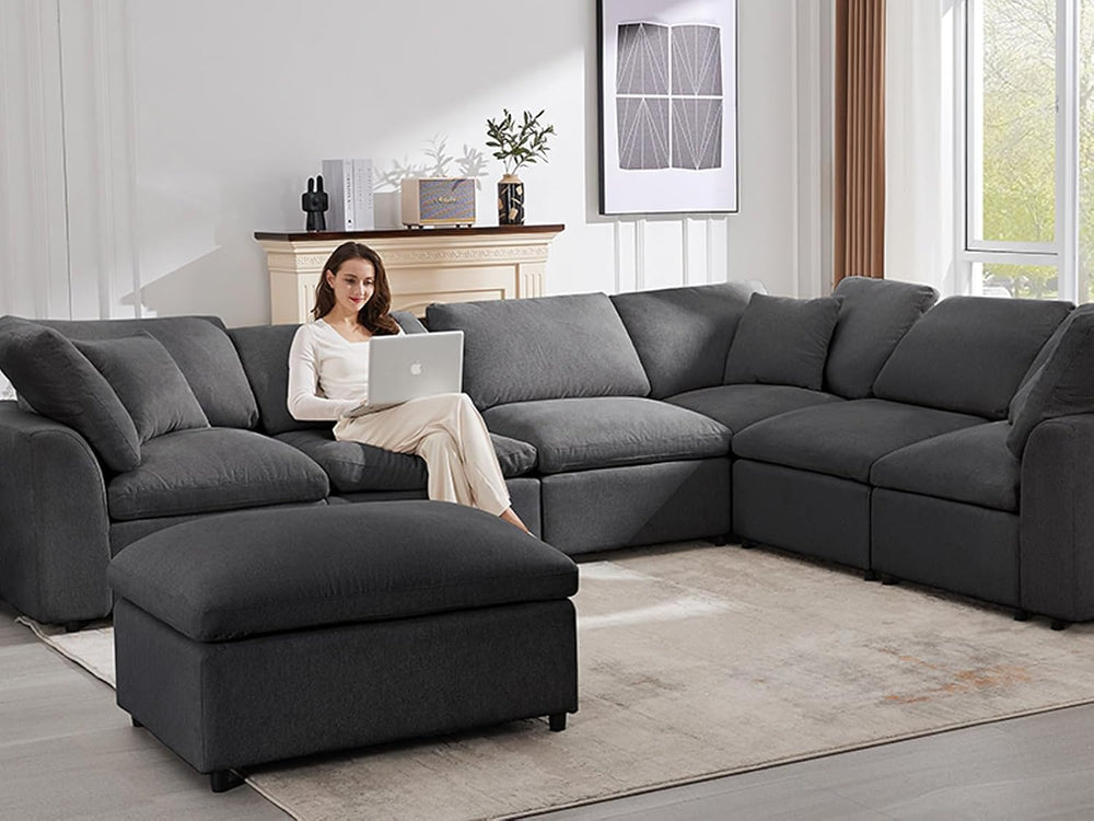 Siiejia Modular 7 Seater Sectional Sofa, Oversized Cloud Couches, Dark Grey