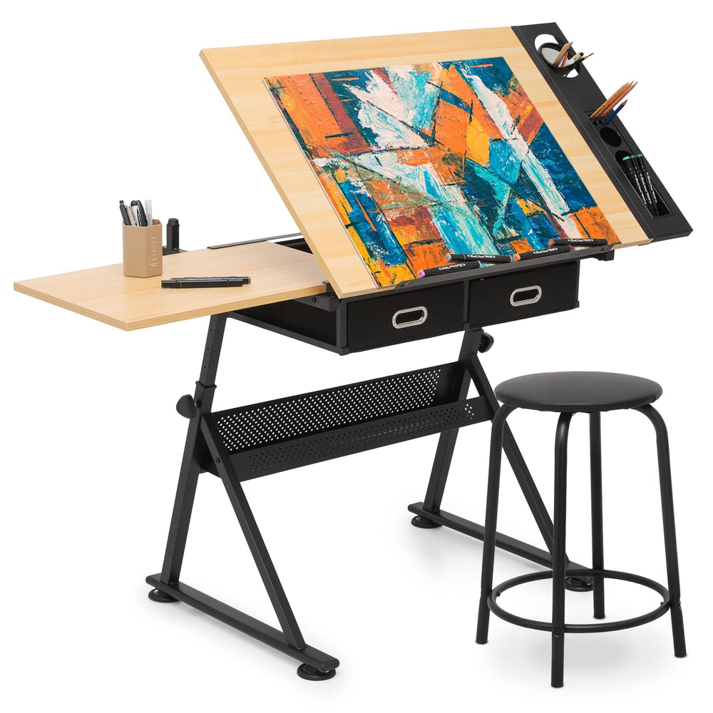 MoNiBloom 39‘’ Adjustable Drafting Table & Stool Set with Storage, Natural