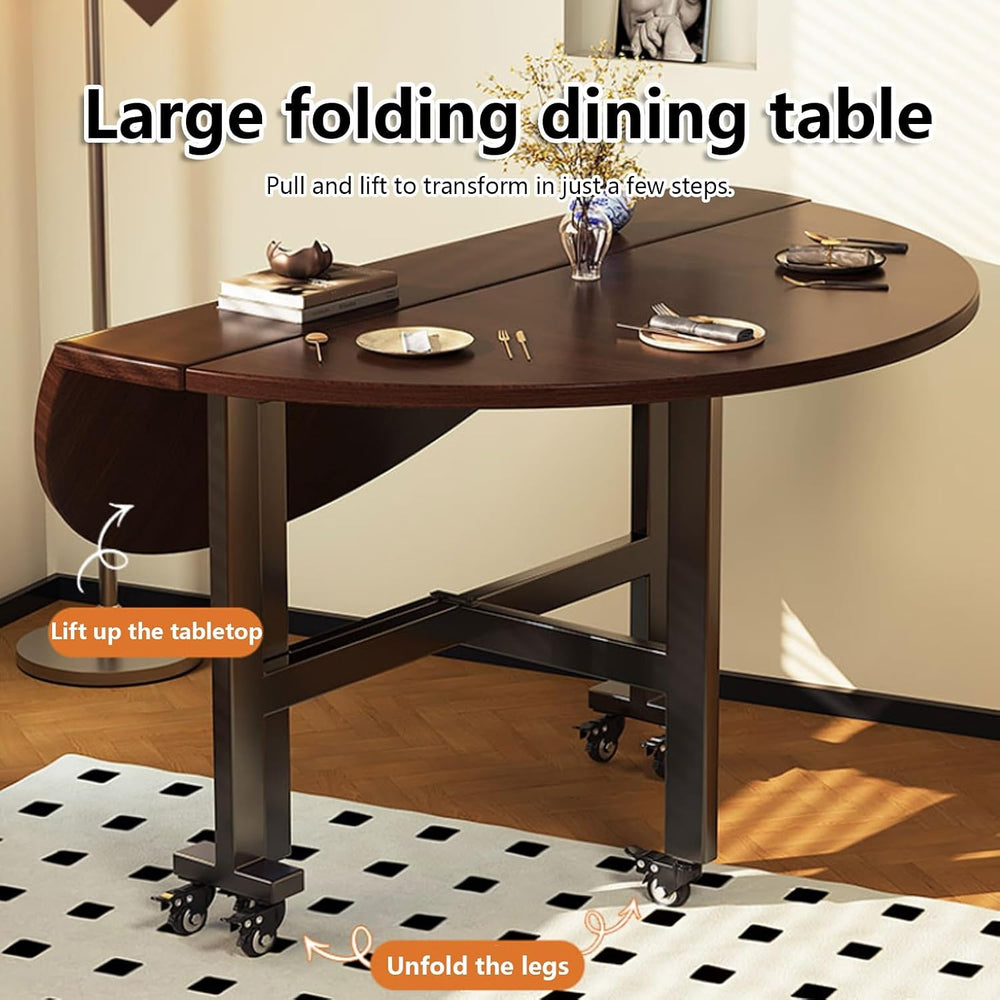 Round Drop Leaf Kitchen Dining Table with Wheels,Extendable Butterfly Table w...