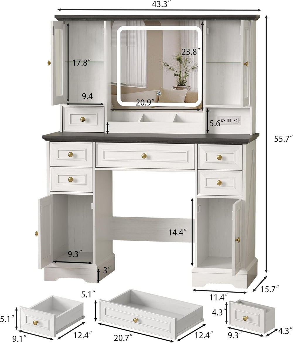 HUANLEGO Farmhouse Makeup Vanity Desk with Mirror and LED Lights, White | Van...