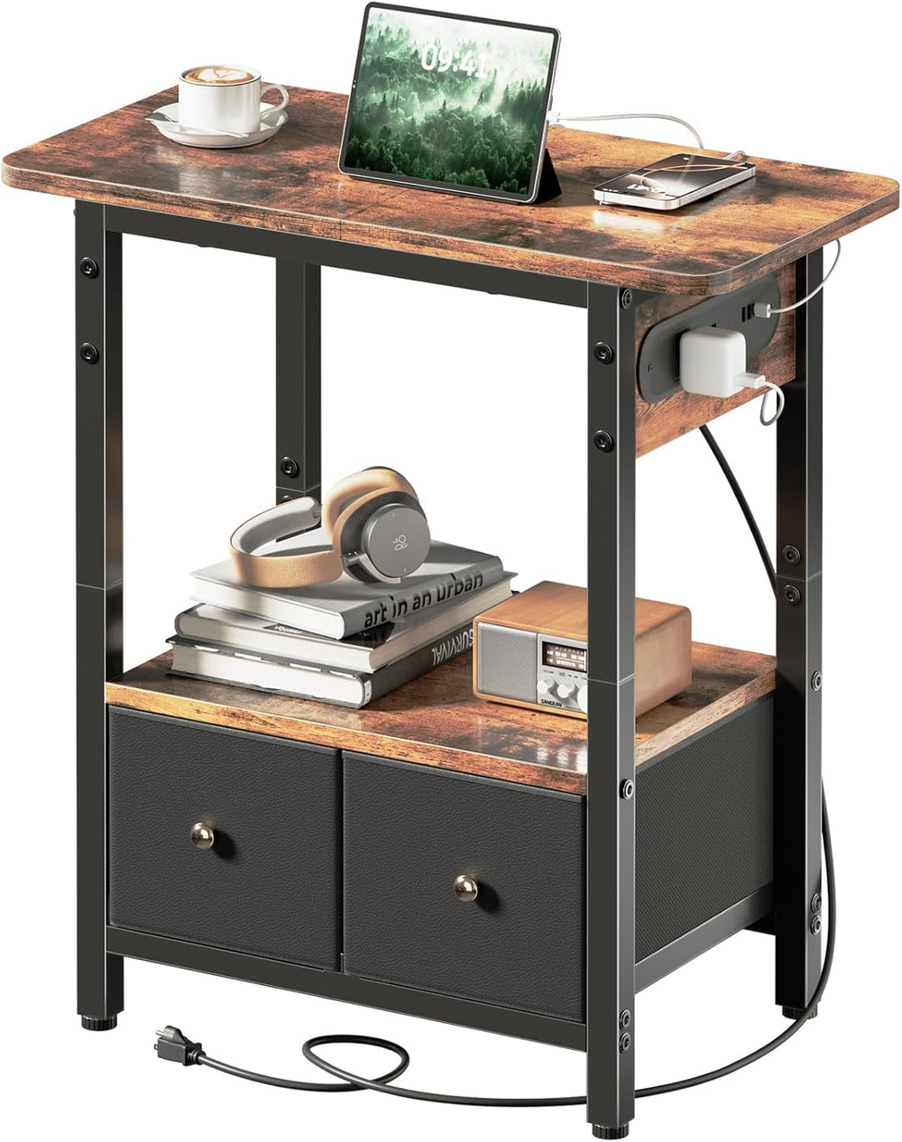 HLDIRECT 24" W End Table with Charging Station & USB Ports (Rustic B...
