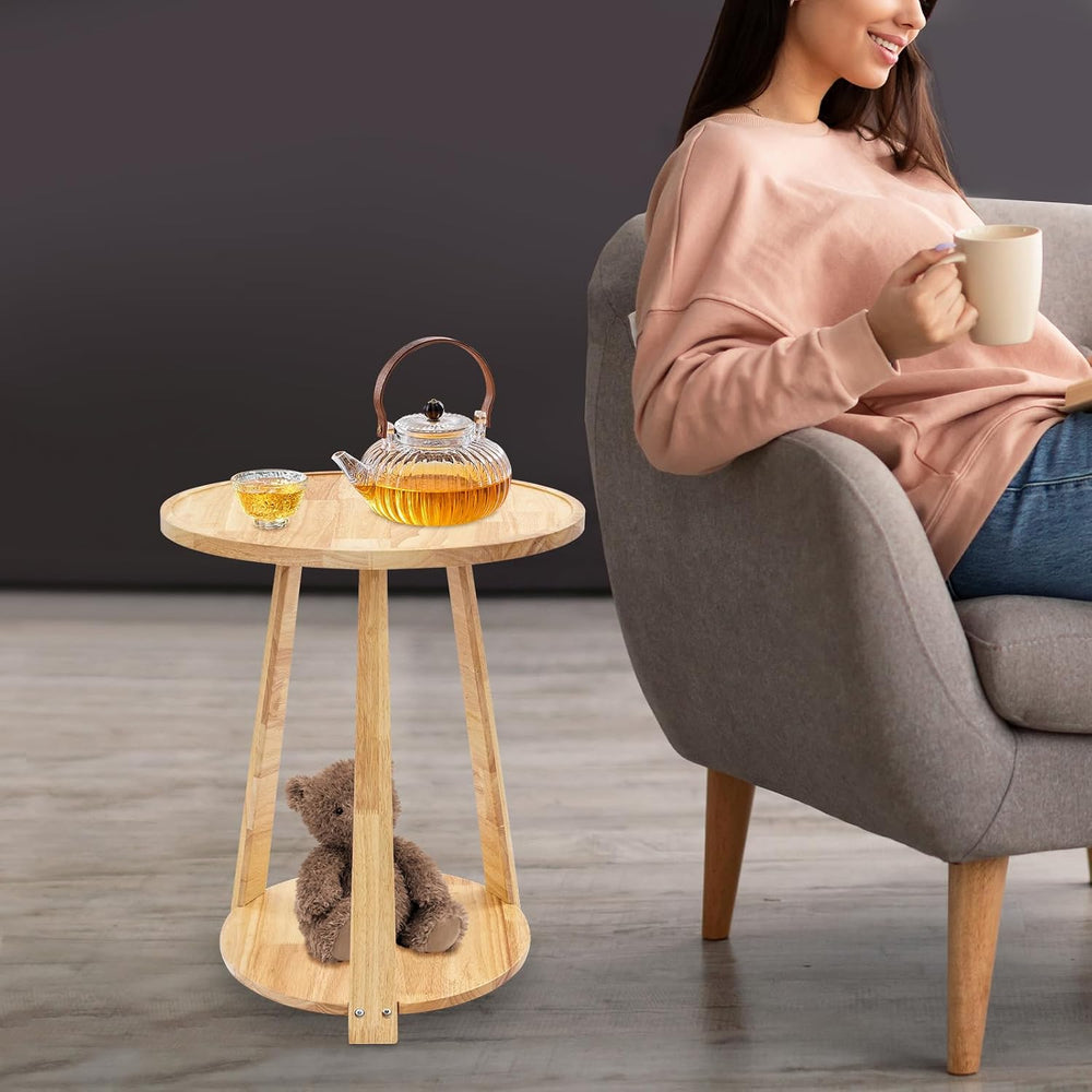 Small Round Side Table, 2-Tier End Table with Storage Shelf, Modern Couch Bed...