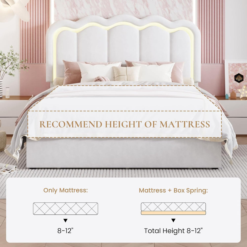SHA CERLIN Full Size Bed Frame with LED Lights and Storage Drawer, White