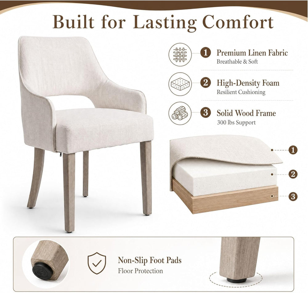 Dining Chairs Set of 2 Linen Upholstered Accent Kitchen Chair with Hollow Bac...