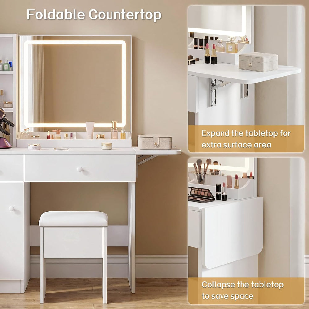 FUXA Vanity Desk with Lighted Mirror, Charging Station and Chair, White | Sto...