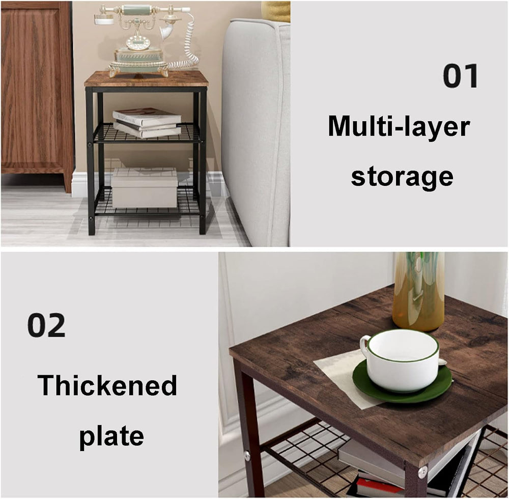 Wrought Iron Bedside Table with 3 Tier Open Storage Shelf Sofa Side Table, Po...