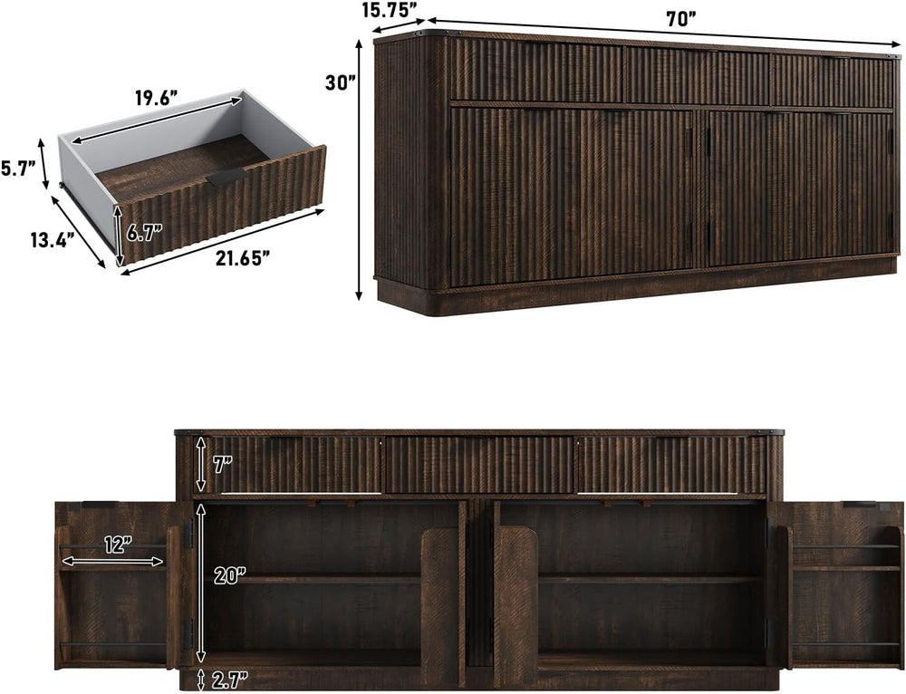 70” Rounded Edge Large Sideboard Buffet Cabinet with 3 Storage Drawers,Farmho...
