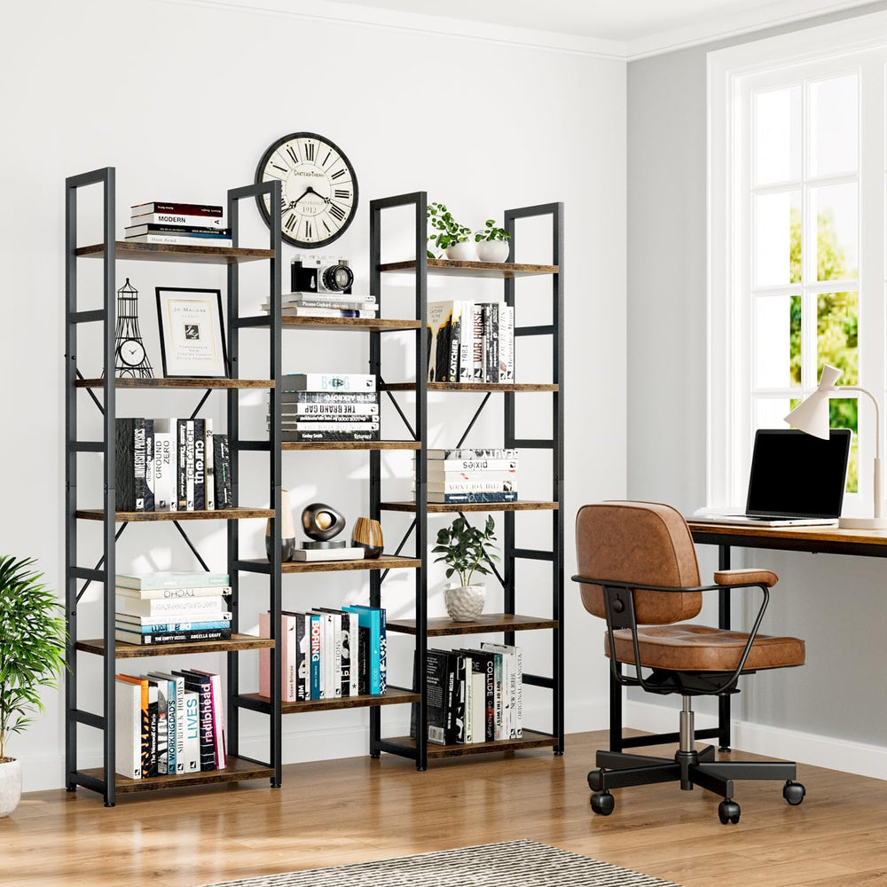 NUMENN Triple Column 5 Tier Bookshelf with 14 Adjustable Shelves, Vintage | M...