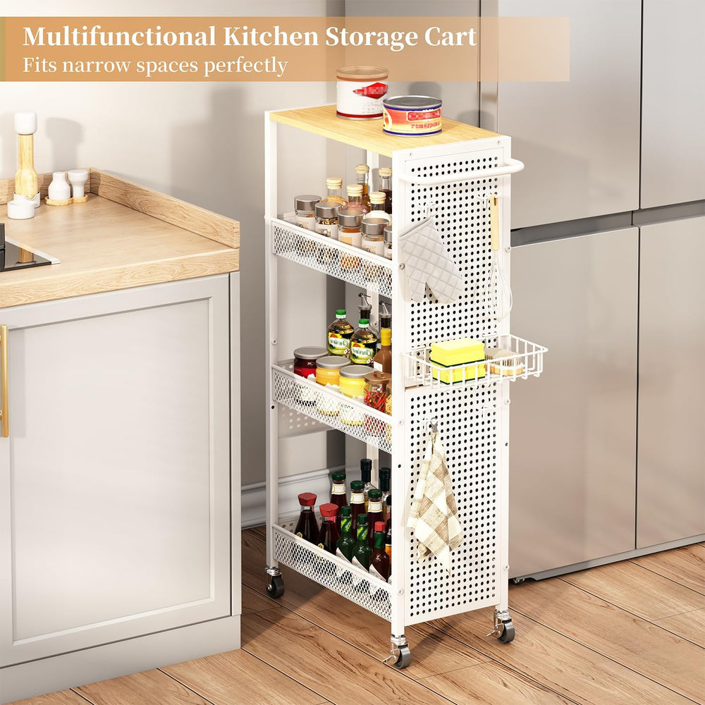 Slim Storage Rolling Cart: 4-Tier Narrow Metal & Wood Utility Cart with W...