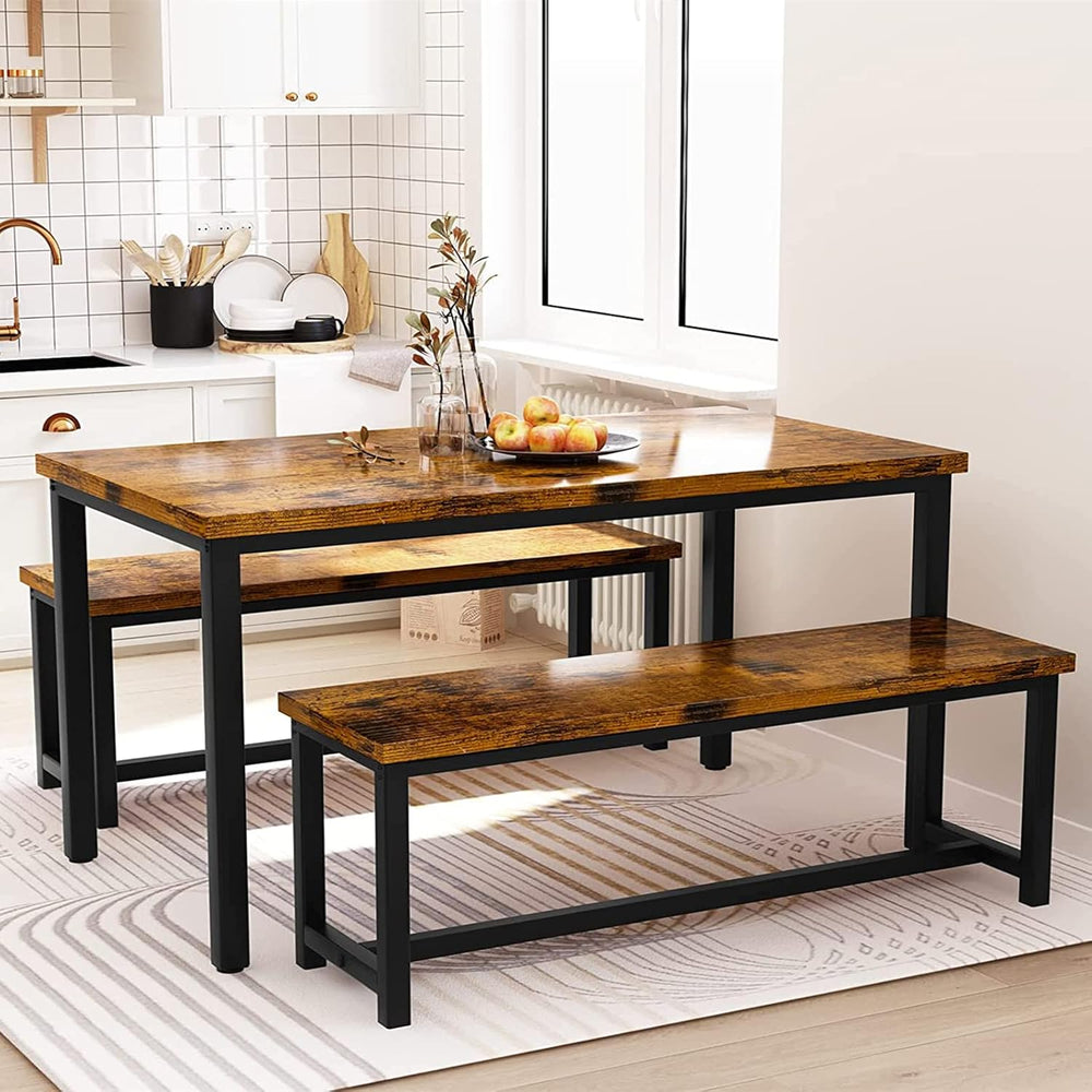 Dining Room Table Set with 2 Benches, Farmhouse Dining Table Set for 4-6, Woo...