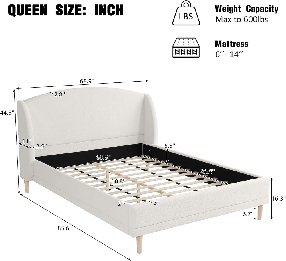 Merax Queen Size Soft Boucle Upholstered Platform Bed, Luxury Wingback Headbo...