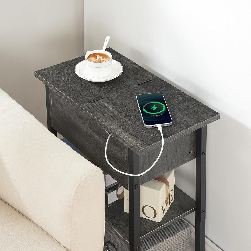 HOOBRO End Table with Charging Station, Narrow Side Table, Flip Top Nightstan...