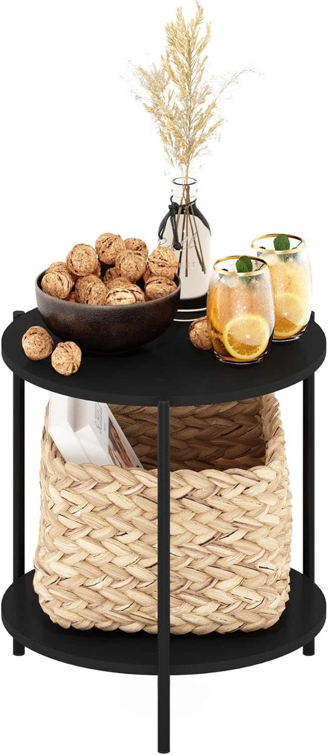 Furinno Besi 2-Tier Wide Round Side Table with Metal Legs, Metal Black End Ta...