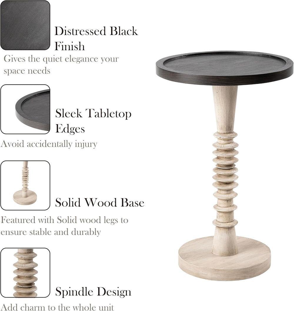 Pedestal Small Drinking Table, Farmhouse Tray Top End Table, Black Top, Distr...