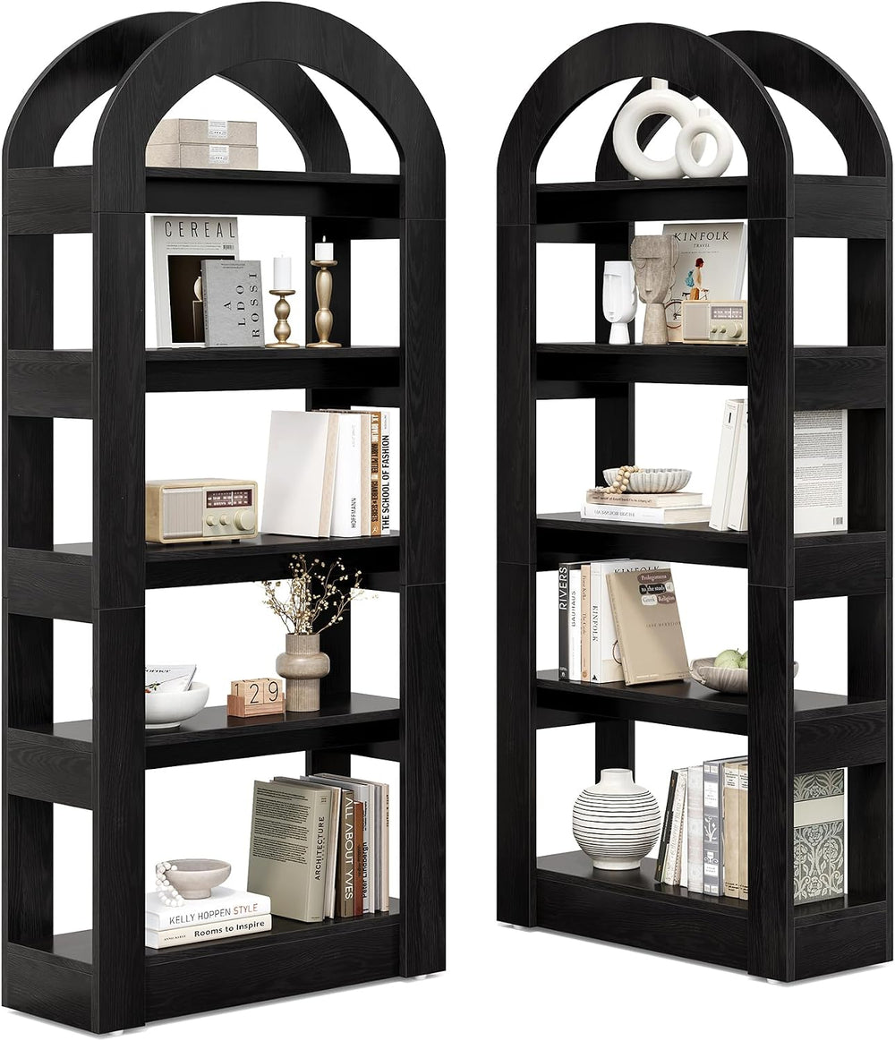 LITTLE TREE 5-Tier Bookshelf, Arch-Shaped Racks, Tall Standing Wooden Bookcas...