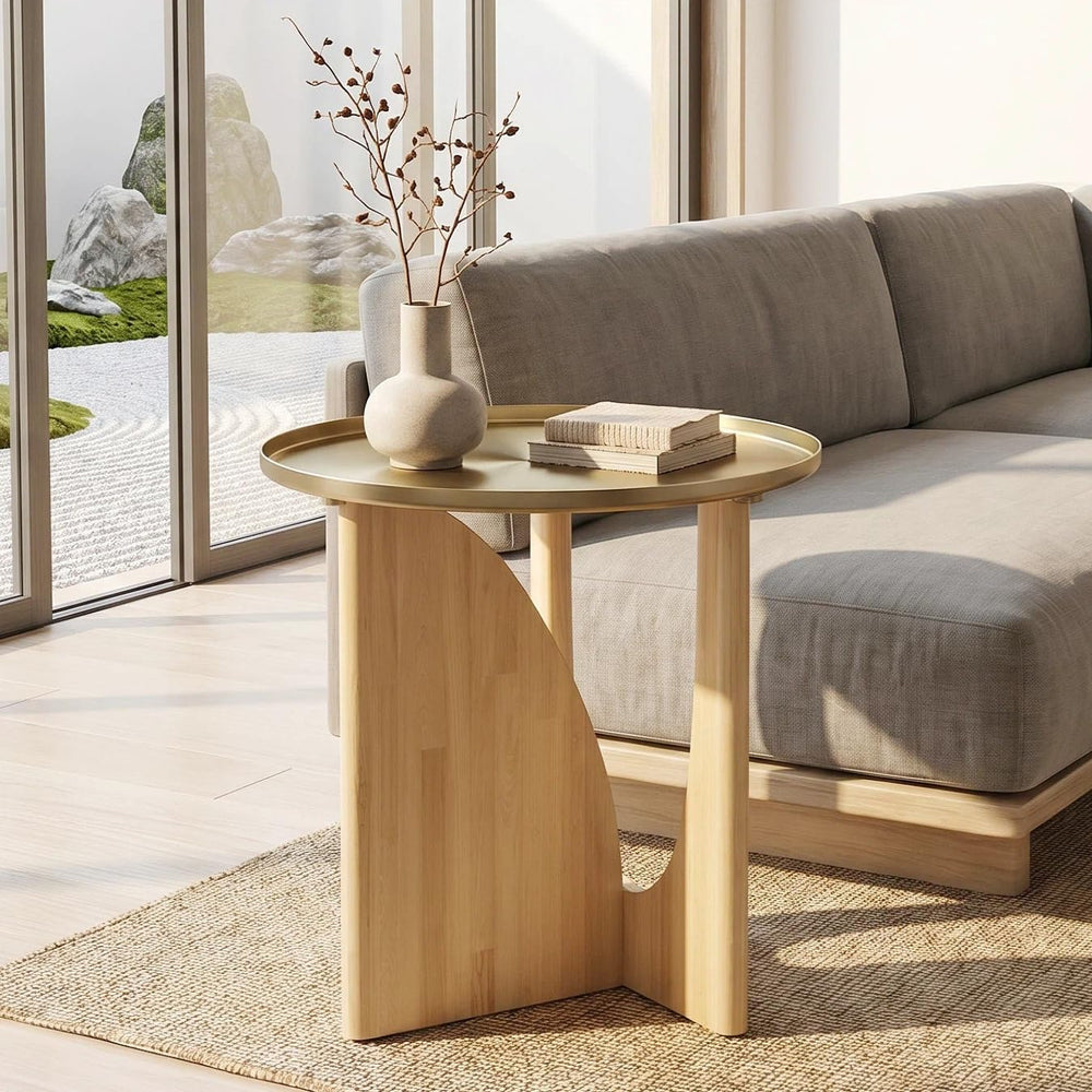 ACEDÉCOR Round Side Table, Solid Wood End Table with Brushed Gold Metal Tray ...