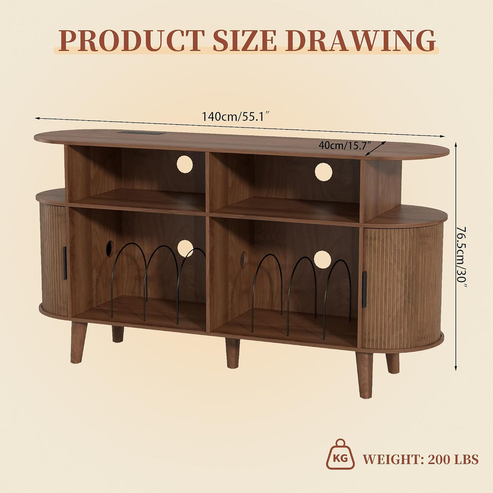 Large Walnut Record Player Stand with Charging Station, Mid-Century Turntable...