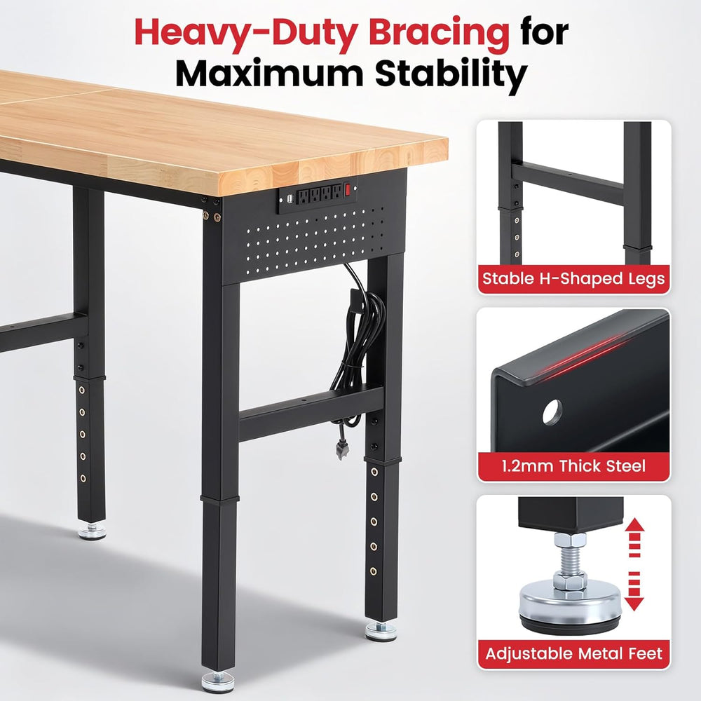 Work Bench 84 x 24 Inch Adjustable Height Rubber Wood Top Work Table 5000 Lbs...