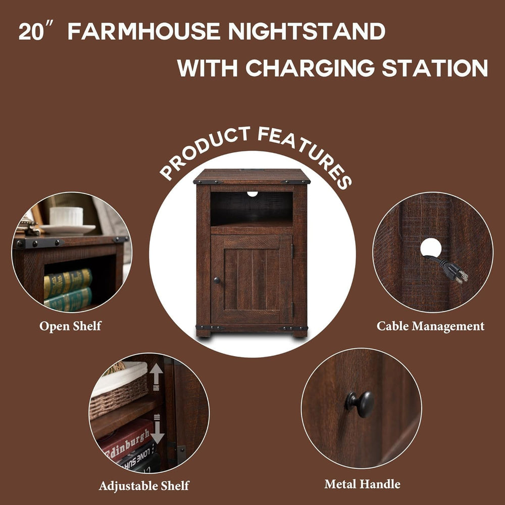 Farmhouse Night Stands Set of 2, 20" End Table w/Charging Station, Rusti...