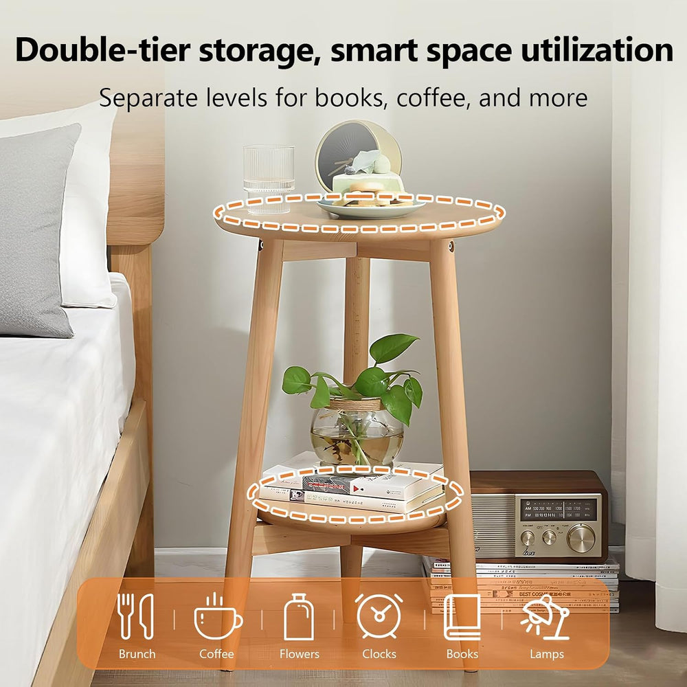 Side Table, Small Round End Table with 2-Tier Shelf, Solid Wood Nightstand fo...