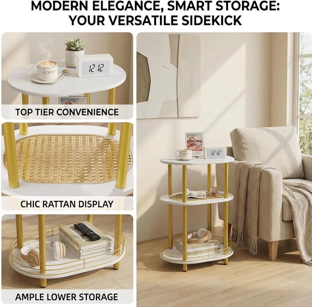Small Rattan Side/Accent Table with Storage, 3 Tier Round/Oval End Table with...